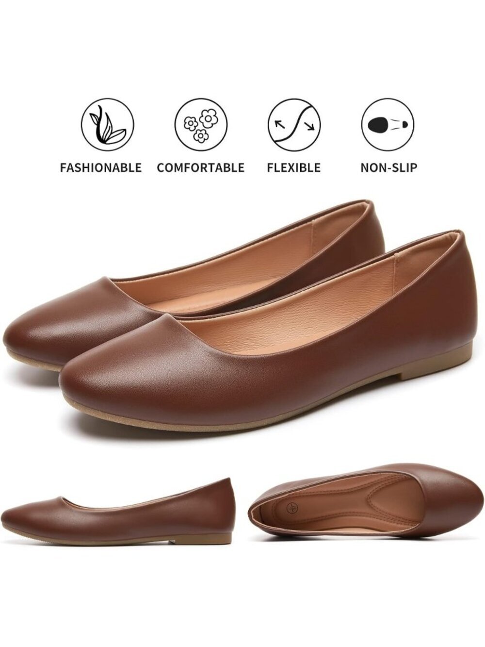 Women's Brown Comfortable PU Leather Round Toe Solid Slip on Ballet Flat Shoes - Picture 5 of 6